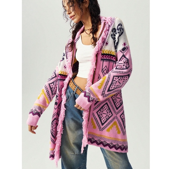 Pink Boho Open Cardigan Tassel, Fringe Detailed Geometric, Aztec Print - Picture 3 of 9